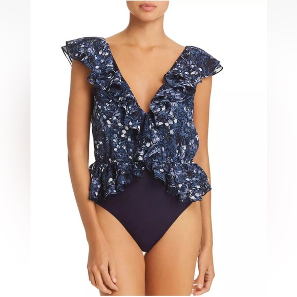 $175 Bardot Womens Blue V-Neck Floral Print Ruffled Trim Casual Bodysuit Size XS